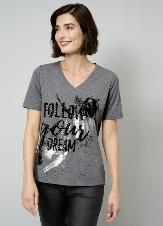 - Shirt mit aufwendiger Pailettenzier, in Größe 038 bis 048, in Farbe GRAU MELIERT-SCHWARZ Ansicht 1