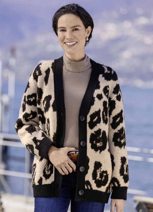 Strickjacken - Strickjacke mit flauschigem Griff, in Größe L(44/46) bis XXL(52/54), in Farbe BEIGE-SCHWARZ-BRAUN Ansicht 1