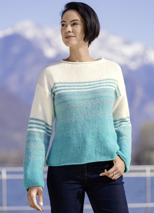 Langarm - Pullover mit Ringelmuster Langarm - Pullover mit Ringelmuster, in Größe L(44/46) bis XS(32/34), in Farbe ECRU-TÜRKIS MELIERT