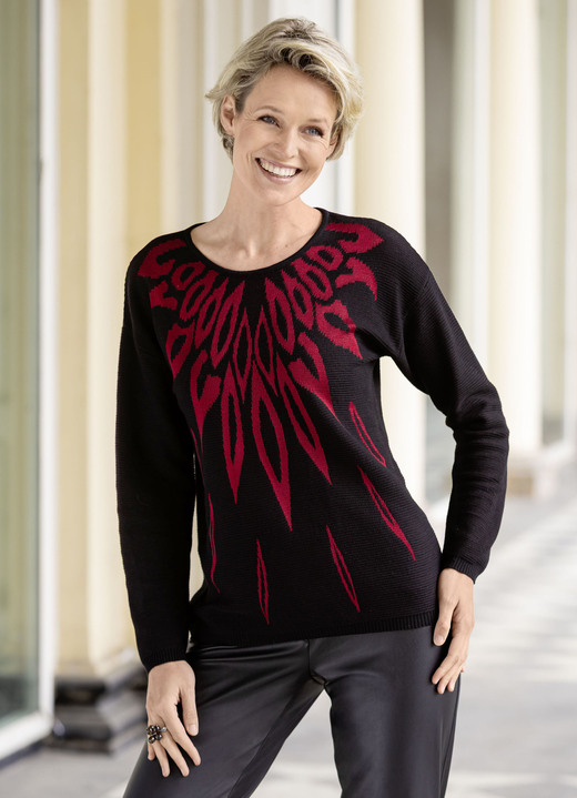 Langarm - Pullover mit edel glänzendem Jacquard, in Größe L(44/46) bis XXL(52/54), in Farbe SCHWARZ-ROT
