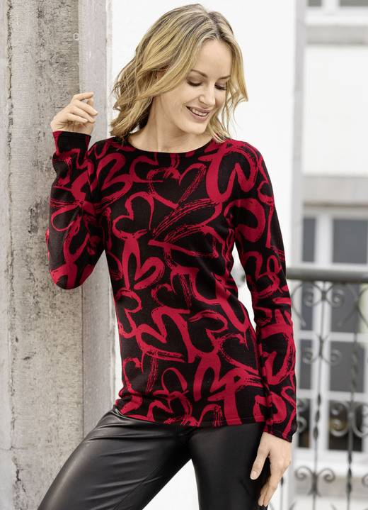 Langarm - Pullover mit viel Herz, in Größe L(44/46) bis XXL(52/54), in Farbe SCHWARZ-ROT Ansicht 1