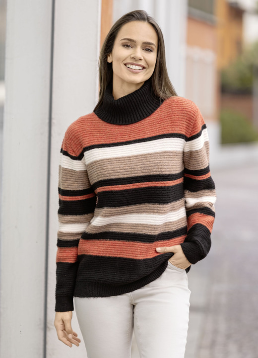 Langarm - Pullover in Ringelmuster, in Größe L(44/46) bis XXL(52/54), in Farbe SCHWARZ-HUMMER-MULTICOLOR