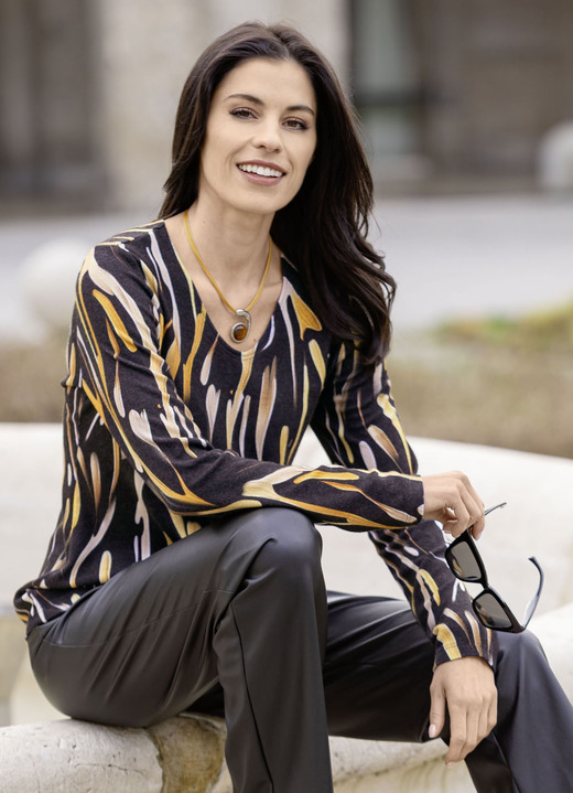 Langarm - Pullover in Feinstrick, in Größe 038 bis 054, in Farbe ANTHRAZIT-GELB-MULTICOLOR Ansicht 1