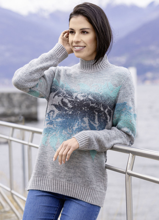 Langarm - Pullover mit weichem Griff, in Größe L(44/46) bis XXL(52/54), in Farbe GRAU MELIERT-ANTHRAZIT-BLAU
