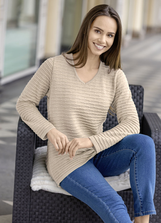 Langarm - Pullover mit Strukturstreifen, in Größe 036 bis 052, in Farbe BEIGE-SAND Ansicht 1