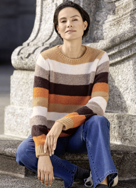 Langarm - Pullover in kuschelweicher Qualität, in Größe 036 bis 052, in Farbe ORANGE-BRAUN-MULTICOLOR