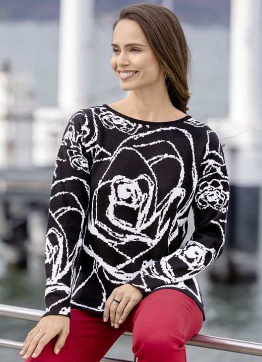 Langarm - Pullover in Jacquard-Dessin Langarm - Pullover in Jacquard-Dessin, in Größe L(44/46) bis XXL(52/54), in Farbe SCHWARZ-ECRU