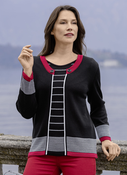 Langarm - Pullover in Doppel-Optik, in Größe 038 bis 054, in Farbe SCHWARZ-ROT-WEISS Ansicht 1