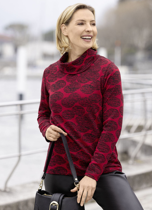 Langarm - Pullover in Feinstrick, in Größe 038 bis 054, in Farbe ROT-SCHWARZ