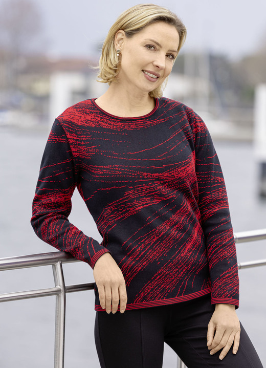 Langarm - Pullover in Jacquardmuster, in Größe 038 bis 054, in Farbe SCHWARZ-ROT Ansicht 1