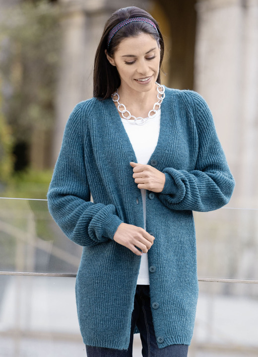 Strickjacken - Long-Strickjacke in Perlfang, in Größe 038 bis 054, in Farbe PETROL MELIERT Ansicht 1