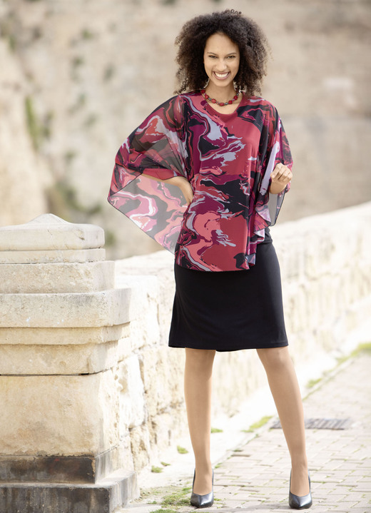 Langarm - Kleid in angesagter Two-in-One-Optik, in Größe 036 bis 052, in Farbe SCHWARZ-ROT-BORDEAUX-BUNT Ansicht 1