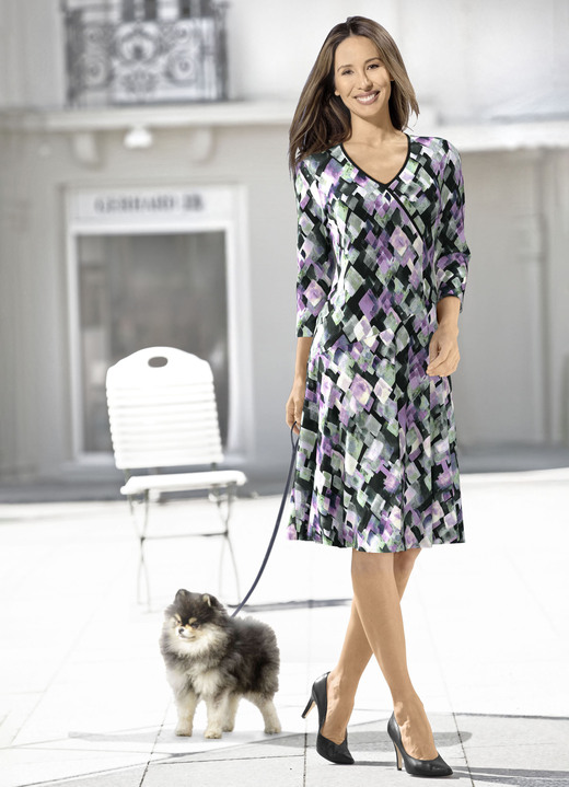 Langarm - Kleid in Wickeloptik, in Größe 036 bis 552, in Farbe SCHWARZ-FLIEDER-MINT-BUNT