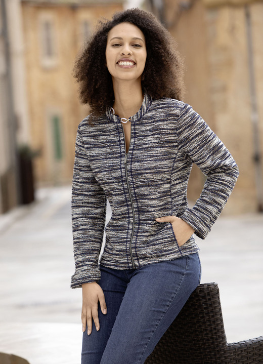 Langarm - Blusenjacke aus Bouclé, in Größe 036 bis 052, in Farbe MARINE-ECRU-KUPFER-BUNT Ansicht 1