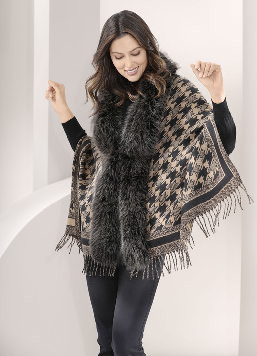 Kurz - Poncho mit trendstarkem Hahnentritt-Dessin, in Farbe CAMEL-SCHWARZ Ansicht 1