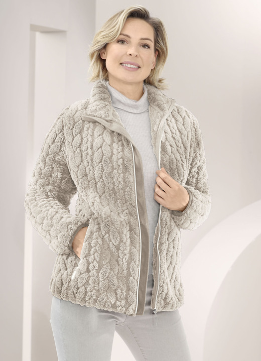 Kurz - Fleecejacke mit Zopfmuster, in Größe 3XL bis XXL, in Farbe BEIGE Ansicht 1