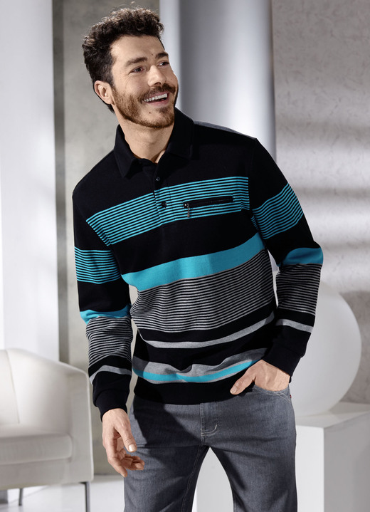 Sweatshirts - Poloshirt mit kurzer Knopfleiste, in Größe 046 bis 062, in Farbe SCHWARZ-TÜRKIS-GRAU MELIERT Ansicht 1