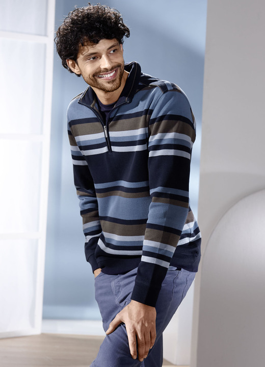 Sweatshirts - Troyer mit kurzem Reissverschluss, in Größe 3XL (64/66) bis XXL (60/62), in Farbe MARINE-JEANSBLAU GESTREIFT Ansicht 1