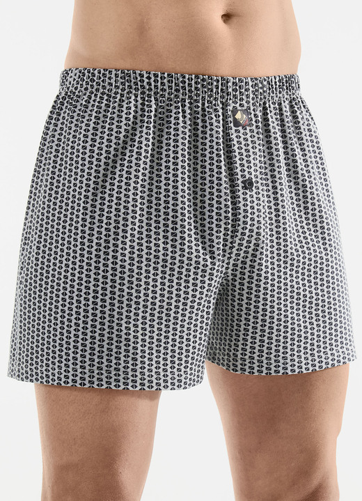 Unterhosen - Fünferpack Boxershorts mit Alloverdessin, in Größe 005 bis 016, in Farbe 3X GRAU-SCHWARZ, 2X INDIGOBLAU-SCHWARZ Ansicht 1