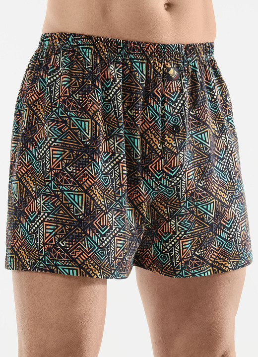Unterhosen - Dreierpack Boxershorts mit knöpfbarem Eingriff, in Größe 005 bis 016, in Farbe 3X SCHWARZ-BUNT