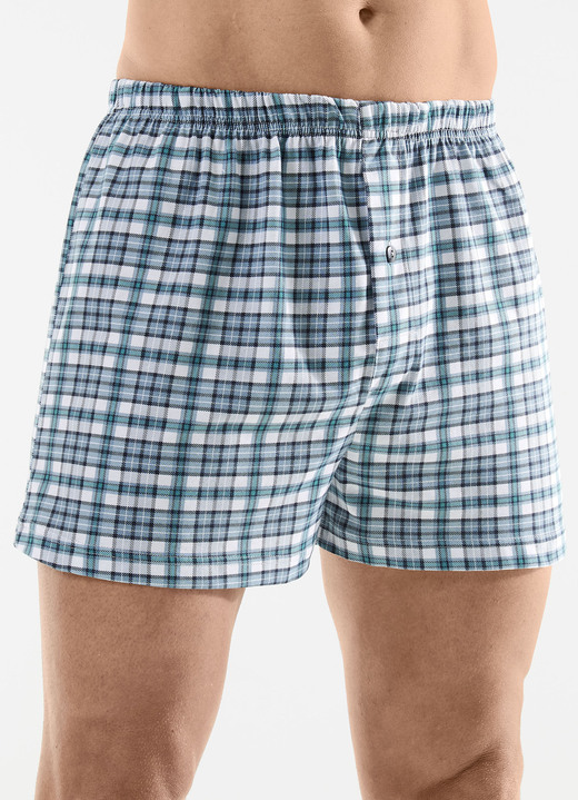Unterhosen - Viererpack Boxershorts mit knöpfbarem Eingriff, in Größe 005 bis 016, in Farbe 2X PETROL-WEISS, 2X UNI SCHWARZ