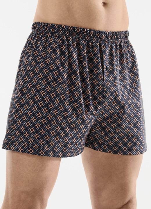 Unterhosen - Viererpack Boxershorts mit knöpfbarem Eingriff, in Größe 005 bis 016, in Farbe 2X NAVY-BUNT, 2X UNI NAVY