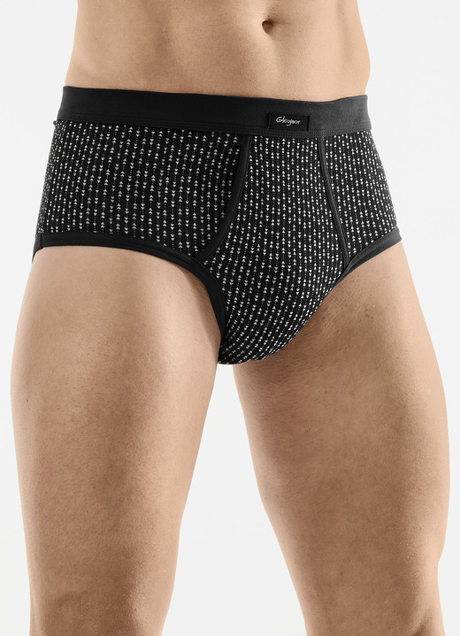 Unterhosen - Viererpack Slips mit Eingriff aus Feinjersey, in Größe 005 bis 011, in Farbe 2X SCHWARZ-BUNT, 2X UNI SCHWARZ