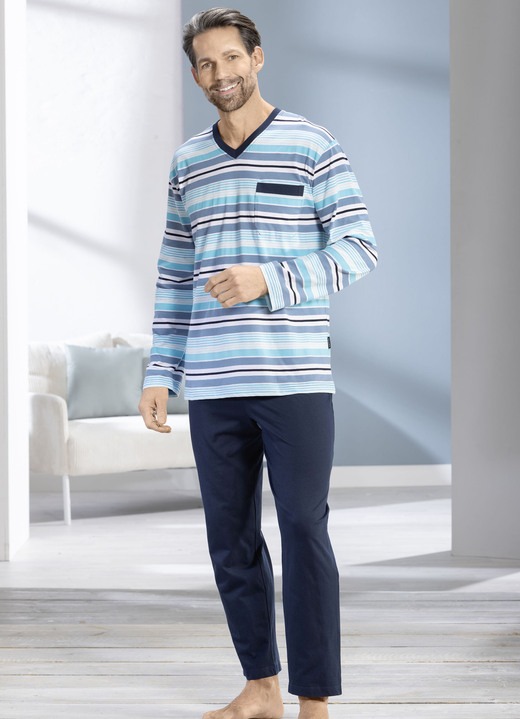 Pyjamas - Zweierpack Schlafanzüge mit V-Ausschnitt und offenen Abschlüssen Pyjamas - Zweierpack Schlafanzüge mit V-Ausschnitt und offenen Abschlüssen, in Größe 046 bis 062, in Farbe 1X BLAU-BORDEAUX-MARINE, 1X RAUCHBLAU-TÜRKIS-NAVY