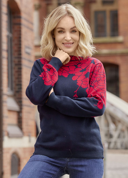 Langarm - Pullover mit floralen Jacquardakzenten Langarm - Pullover mit floralen Jacquardakzenten, in Größe 038 bis 054, in Farbe MARINE-ROT