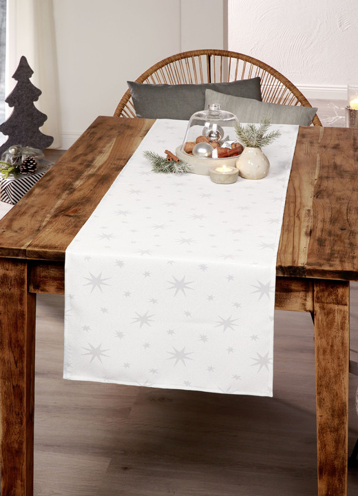 Tischdecken - Tischdekoration mit Fleckschutz und Glitzergarn, in Größe 105 (Läufer, 40/150 cm) bis 140 (Tischdecke, 140/220 cm), in Farbe WEISS-SILBER Ansicht 1
