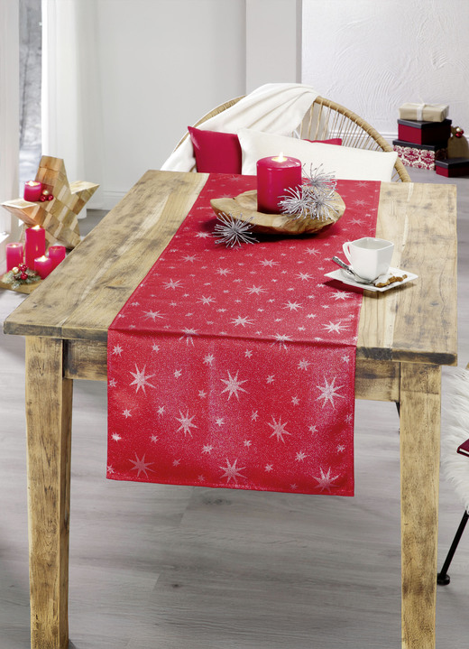 Tischdecken - Tischdekoration mit Fleckschutz und Glitzergarn, in Größe 105 (Läufer, 40/150 cm) bis 140 (Tischdecke, 140/220 cm), in Farbe ROT-SILBER Ansicht 1