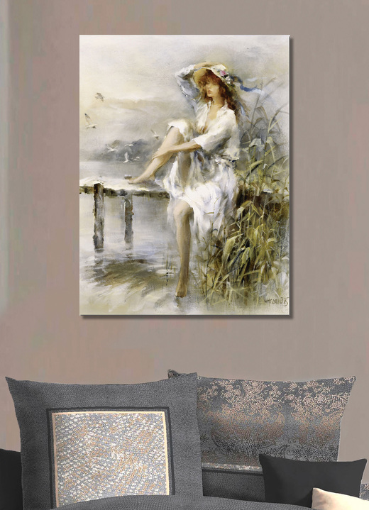 Wohnaccessoires - Bild «Nachdenkliche Frau an einem Idyllischen See» vom Künstler Willem Haenraets, in Farbe GRAU Ansicht 1