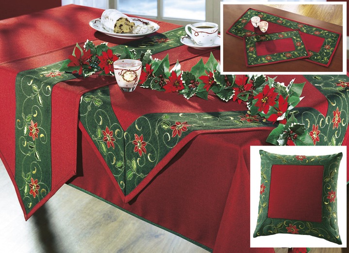 Wohnaccessoires - Traditionelle Tisch- und Raumdekoration mit Ilexzweig-Motiven, in Größe 100 (Platz-Set, 2-teilig, 35/50 cm) bis 404 (Kissenhülle, 40/40 cm), in Farbe ROT-GRÜN-GOLD
