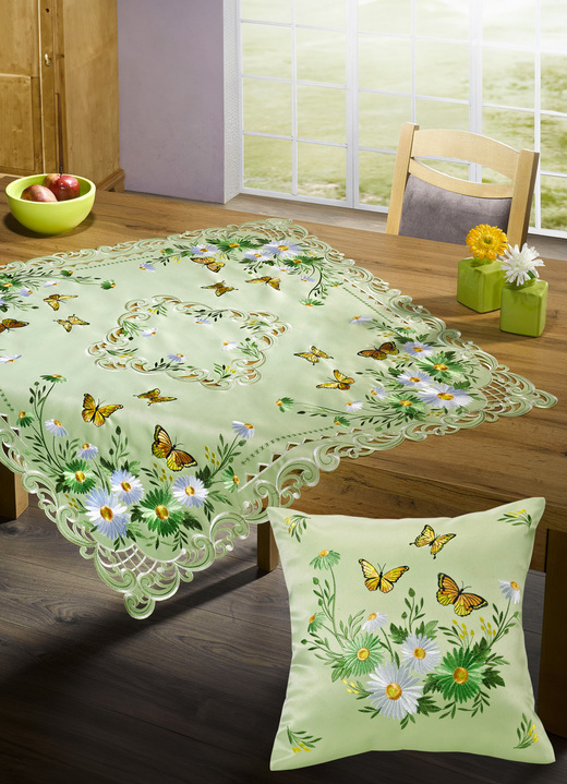 Tischdecken - Tisch- und Raumdekoration mit Blumen und Schmetterlingen, in Größe 101 (Deckchen oval, 35x 50 cm) bis 404 (Kissenbezug, 40x 40 cm), in Farbe GRÜN Ansicht 1