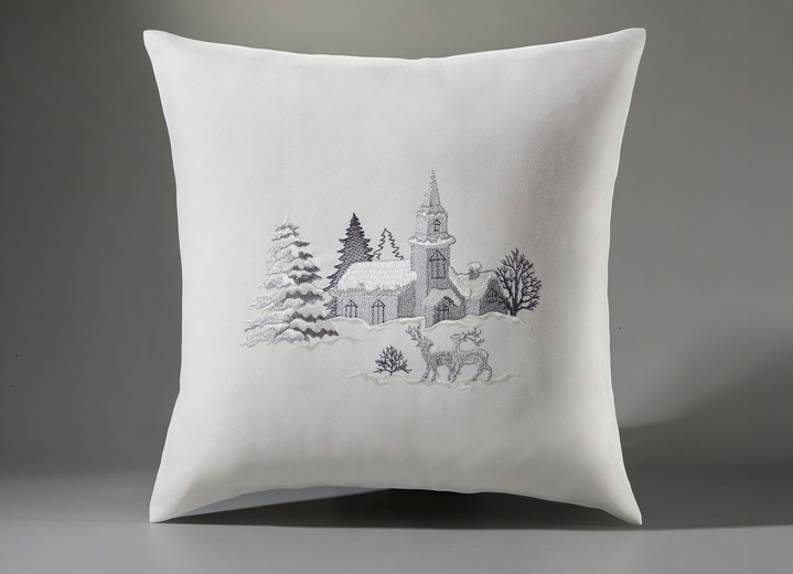 Tischdecken - Tischdecke mit romantischem Winterdorf-Dessin, in Größe 101 (2x Platzset, 35x 50 cm) bis 404 (Kissenbezug, 40x 40 cm), in Farbe WOLLWEISS Ansicht 1