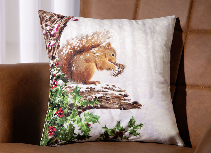 Dekokissen & Hüllen - Kissenbezug mit winterlichem Eichhörnchen-Dessin, in Farbe BUNT Ansicht 1