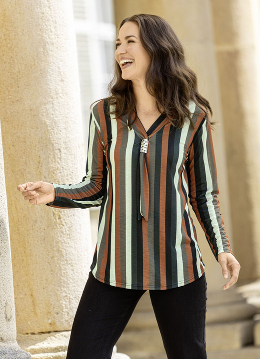 Langarm - Shirt mit fixierter Schluppe, in Größe 038 bis 052, in Farbe OLIV-TERRAKOTTA-LINDGRÜN