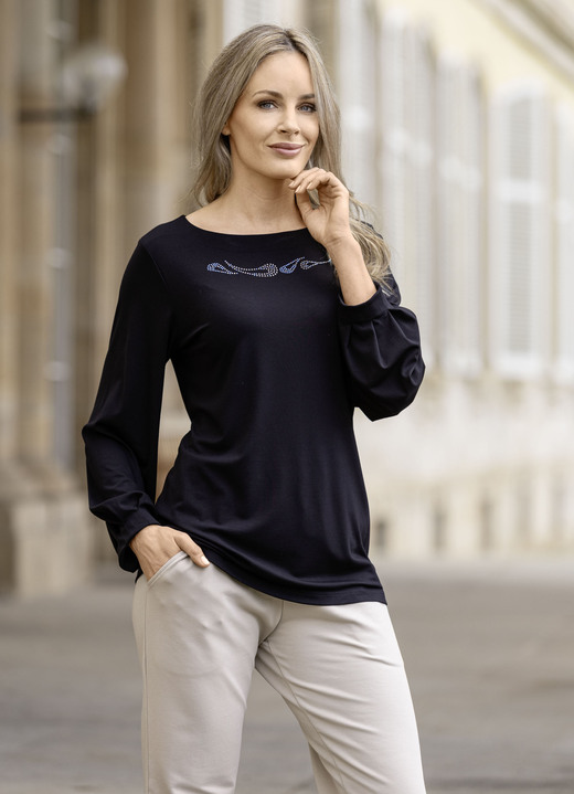 Langarm - Shirt mit raffinierten Faltenabschlüssen, in Größe 038 bis 052, in Farbe SCHWARZ Ansicht 1