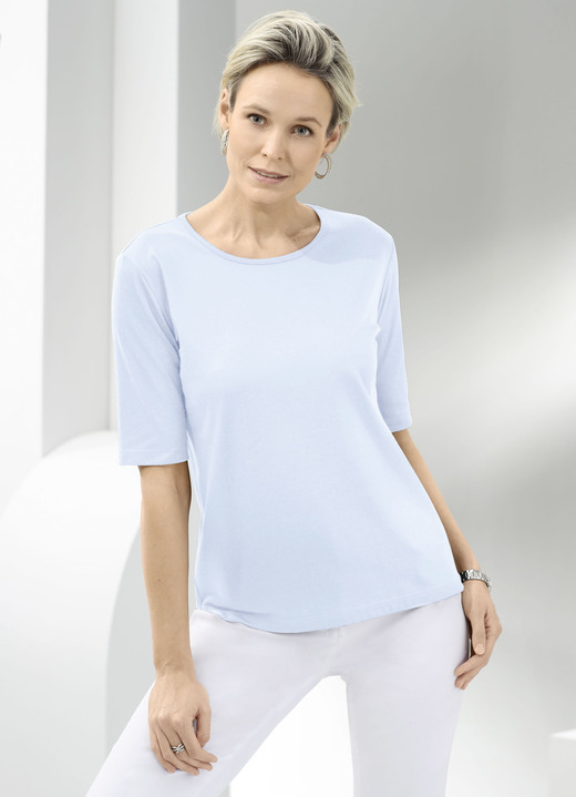 Kurzarm - Shirt mit rundem Halsausschnitt in 10 Farben, in Größe 036 bis 052, in Farbe HELLBLAU Ansicht 1