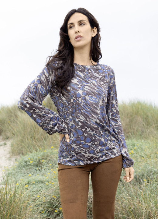 Langarm - Shirt-Tunika mit elastischen Ärmelabschlüssen, in Größe 036 bis 052, in Farbe BLAU-BRAUN-TAUPE-BUNT Ansicht 1