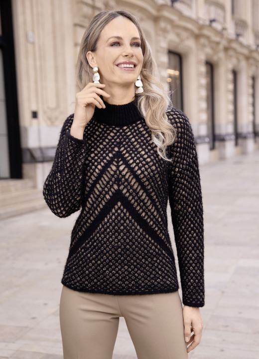 Langarm - Pullover in doppellagiger Optik, in Größe L(44/46) bis XXL(52/54), in Farbe SCHWARZ-CAMEL Ansicht 1