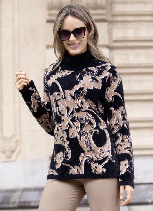 Langarm - Pullover mit Effektgarn, in Größe 036 bis 052, in Farbe SCHWARZ-CAMEL-WEISS Ansicht 1