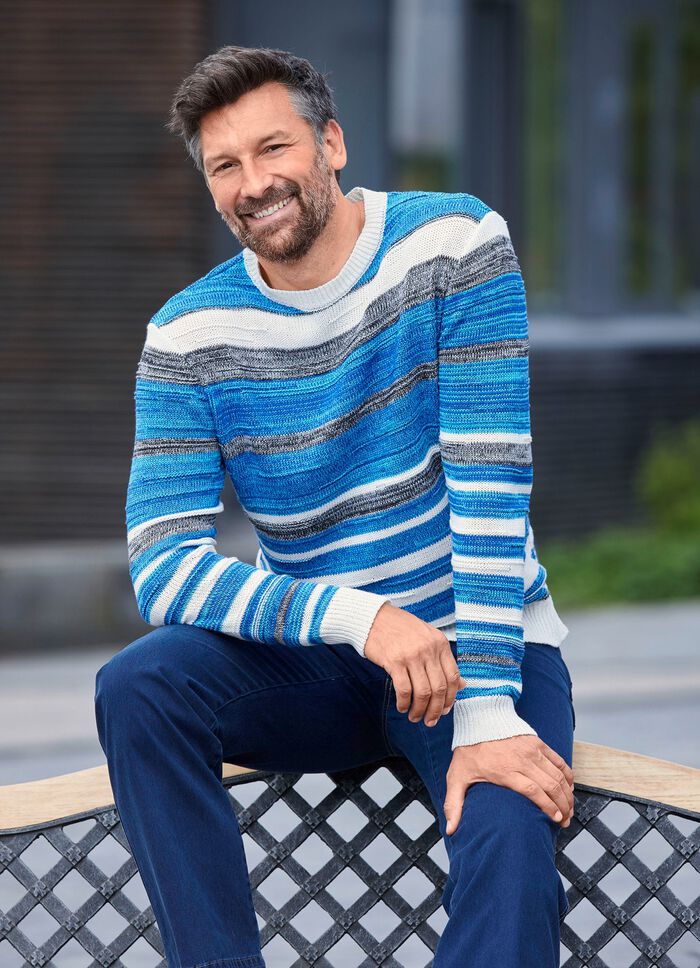 Gestreifter Rundhalspullover mit Strukturdessin T&Uuml;RKIS-GRAU-ECRU GESTREIFT