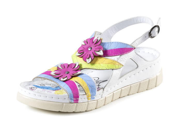 Gemini Sandale mit dekorativen Lederblüten WEISS-MULTICOLOR
