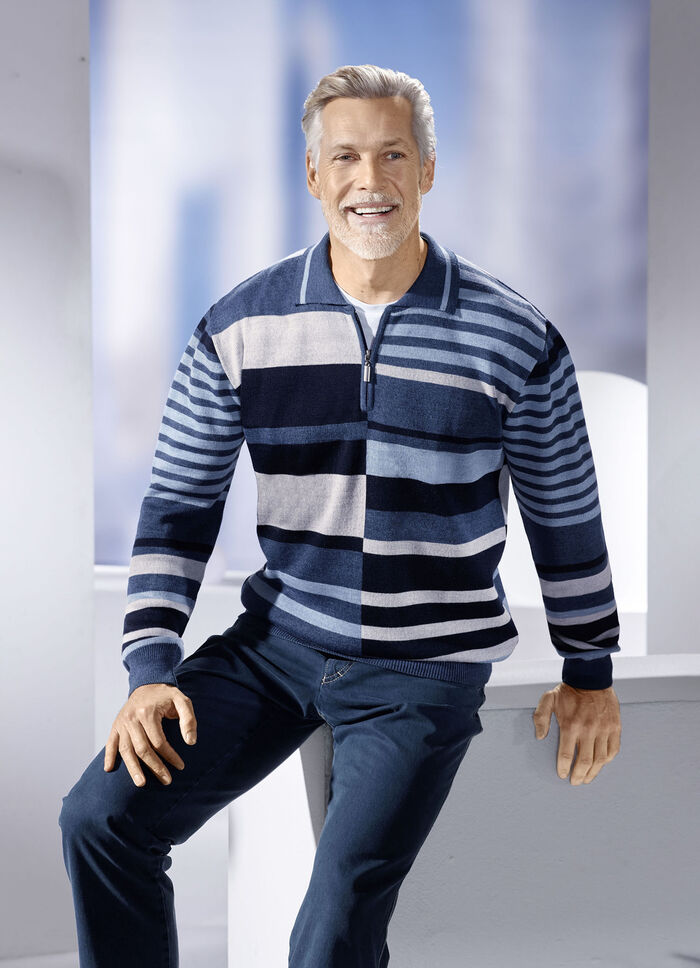Gestreifter Polopullover mit kurzem Reissverschluss JEANSBLAU-MARINE-ECRU