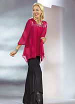 2-teiliges Blusen-Set mit gl&auml;nzendem Satin-Besatz FUCHSIA