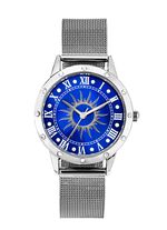 Silberfarbene Damenuhr mit Sonnenmotiv und Kristallakzenten 