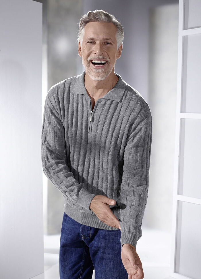 Polopullover mit kurzem Reissverschluss in 3 Farben GRAU MELIERT