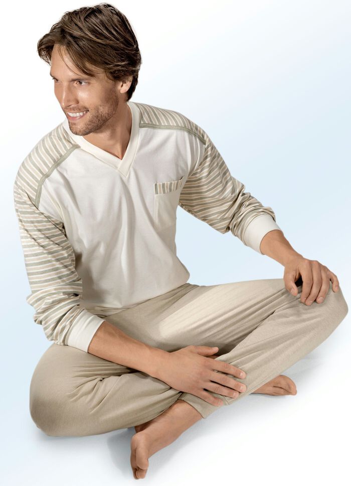 Götting Pyjama mit V-Ausschnitt und Bündchenabschlüssen, Naturfaser 