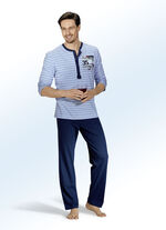 Zweierpack Pyjamas mit langer Knopfleiste, garngefärbtem Ringeldessin und Druckmotov